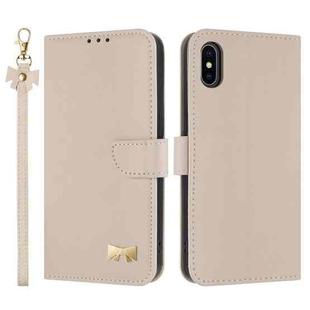 For iPhone XS Max Metal Bow Leather Phone Case with Hand Strap(Apricot)