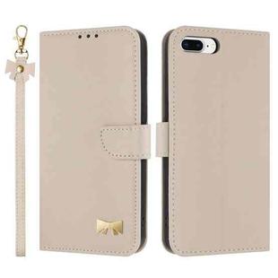 For iPhone 7 Plus / 8 Plus Metal Bow Leather Phone Case with Hand Strap(Apricot)