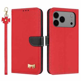 For iPhone 17 Pro Max Metal Bow Leather Phone Case with Hand Strap(Red)