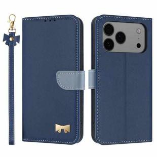 For iPhone 17 Pro Max Metal Bow Leather Phone Case with Hand Strap(Dark Blue)