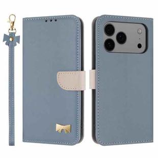 For iPhone 17 Pro Max Metal Bow Leather Phone Case with Hand Strap(Light Blue)