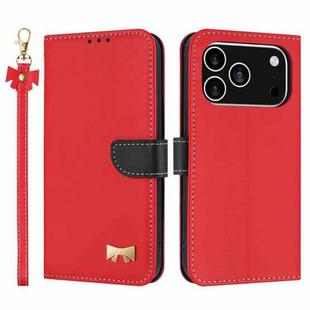 For iPhone 17 Pro Metal Bow Leather Phone Case with Hand Strap(Red)