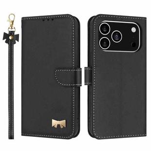 For iPhone 17 Pro Metal Bow Leather Phone Case with Hand Strap(Black)