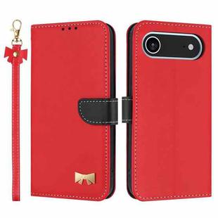 For iPhone 17 Air Metal Bow Leather Phone Case with Hand Strap(Red)