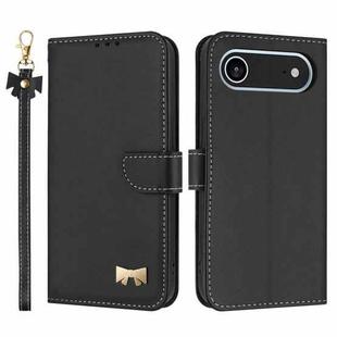 For iPhone 17 Air Metal Bow Leather Phone Case with Hand Strap(Black)