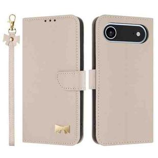 For iPhone 17 Air Metal Bow Leather Phone Case with Hand Strap(Apricot)