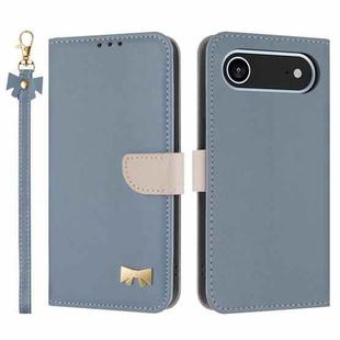 For iPhone 17 Air Metal Bow Leather Phone Case with Hand Strap(Light Blue)