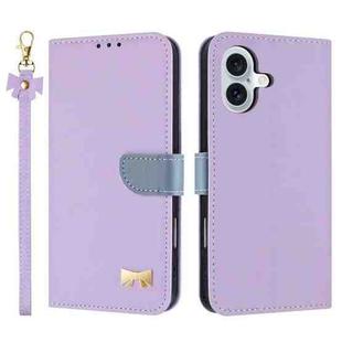 For iPhone 17 Metal Bow Leather Phone Case with Hand Strap(Purple)