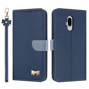 For Fujitsu Arrows F-52B Metal Bow Leather Phone Case with Hand Strap(Dark Blue)