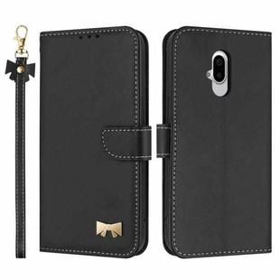 For Fujitsu Arrows F-52B Metal Bow Leather Phone Case with Hand Strap(Black)