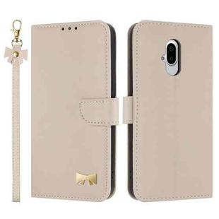 For Fujitsu Arrows F-52B Metal Bow Leather Phone Case with Hand Strap(Apricot)
