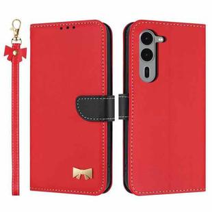 For Fujitsu Arrows We2 Plus F-51E Metal Bow Leather Phone Case with Hand Strap(Red)