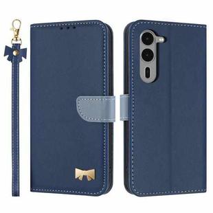 For Fujitsu Arrows We2 Plus F-51E Metal Bow Leather Phone Case with Hand Strap(Dark Blue)