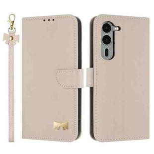 For Fujitsu Arrows We2 Plus F-51E Metal Bow Leather Phone Case with Hand Strap(Apricot)