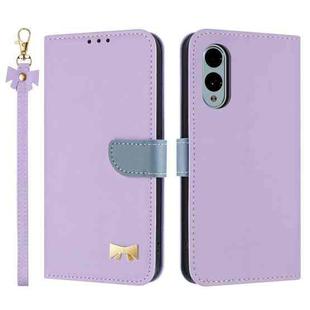 For Fujitsu Arrows We2 F-52E Metal Bow Leather Phone Case with Hand Strap(Purple)