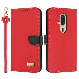 For Fujitsu Rakuraku F-53E Metal Bow Leather Phone Case with Hand Strap(Red)