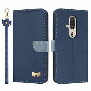 For Fujitsu Rakuraku F-53E Metal Bow Leather Phone Case with Hand Strap(Dark Blue)