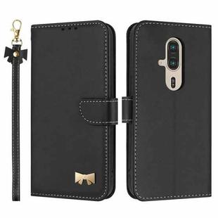 For Fujitsu Rakuraku F-53E Metal Bow Leather Phone Case with Hand Strap(Black)