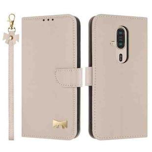 For Fujitsu Rakuraku F-53E Metal Bow Leather Phone Case with Hand Strap(Apricot)