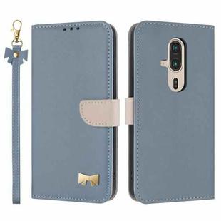 For Fujitsu Rakuraku F-53E Metal Bow Leather Phone Case with Hand Strap(Light Blue)