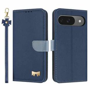 For Google Pixel 10 Pro / 9 Pro Metal Bow Leather Phone Case with Hand Strap(Dark Blue)