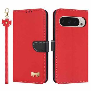 For Google Pixel 10 Pro XL / 9 Pro XL Metal Bow Leather Phone Case with Hand Strap(Red)