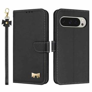 For Google Pixel 10 Pro XL / 9 Pro XL Metal Bow Leather Phone Case with Hand Strap(Black)