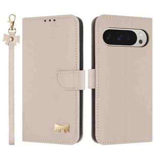 For Google Pixel 10 Pro XL / 9 Pro XL Metal Bow Leather Phone Case with Hand Strap(Apricot)