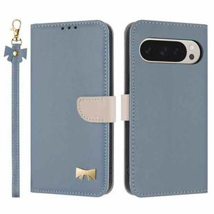 For Google Pixel 10 Pro XL / 9 Pro XL Metal Bow Leather Phone Case with Hand Strap(Light Blue)