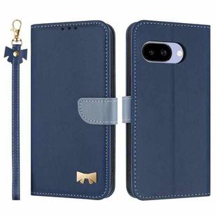 For Google Pixel 9a Metal Bow Leather Phone Case with Hand Strap(Dark Blue)