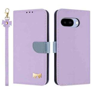 For Google Pixel 9a Metal Bow Leather Phone Case with Hand Strap(Purple)