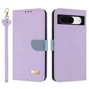 For Google Pixel 8a Metal Bow Leather Phone Case with Hand Strap(Purple)