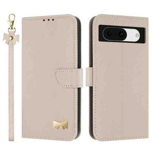 For Google Pixel 8a Metal Bow Leather Phone Case with Hand Strap(Apricot)