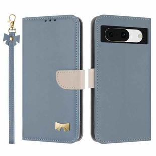 For Google Pixel 8a Metal Bow Leather Phone Case with Hand Strap(Light Blue)