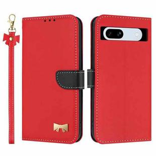 For Google Pixel 7a Metal Bow Leather Phone Case with Hand Strap(Red)