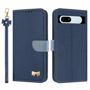 For Google Pixel 7a Metal Bow Leather Phone Case with Hand Strap(Dark Blue)