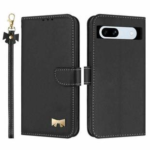 For Google Pixel 7a Metal Bow Leather Phone Case with Hand Strap(Black)