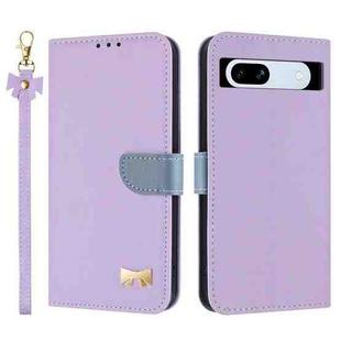 For Google Pixel 7a Metal Bow Leather Phone Case with Hand Strap(Purple)