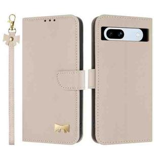 For Google Pixel 7a Metal Bow Leather Phone Case with Hand Strap(Apricot)