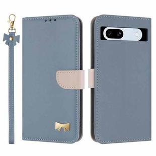 For Google Pixel 7a Metal Bow Leather Phone Case with Hand Strap(Light Blue)