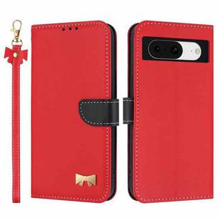 For Google Pixel 8 Metal Bow Leather Phone Case with Hand Strap(Red)