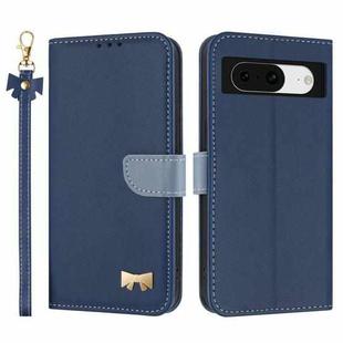 For Google Pixel 8 Metal Bow Leather Phone Case with Hand Strap(Dark Blue)