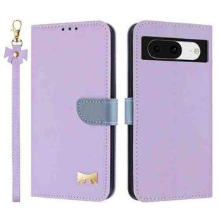For Google Pixel 8 Metal Bow Leather Phone Case with Hand Strap(Purple)