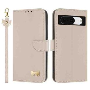 For Google Pixel 8 Metal Bow Leather Phone Case with Hand Strap(Apricot)