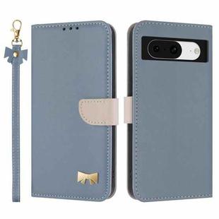For Google Pixel 8 Metal Bow Leather Phone Case with Hand Strap(Light Blue)