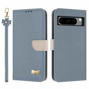 For Google Pixel 8 Pro Metal Bow Leather Phone Case with Hand Strap(Light Blue)