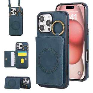 For iPhone 16 Pro Max Car Magnetic Ring Buckle Card Bag Phone Case with Lanyard(Green)