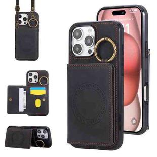 For iPhone 16 Pro Max Car Magnetic Ring Buckle Card Bag Phone Case with Lanyard(Black)