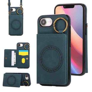 For iPhone 16e Car Magnetic Ring Buckle Card Bag Phone Case with Lanyard(Green)