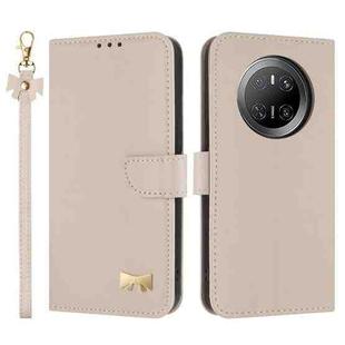 For Huawei Mate 70 Metal Bow Leather Phone Case with Hand Strap(Apricot)